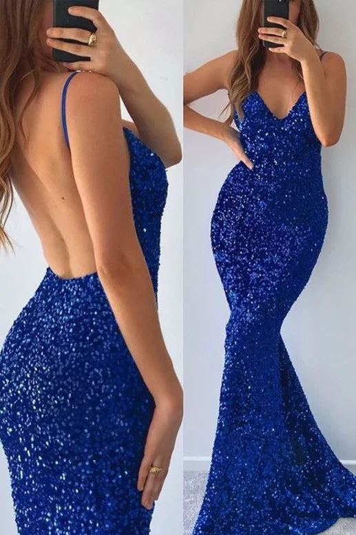 Sparkly Sequin V Neck Mermaid Backless Side Slit Long Prom Dress With Train Party Dress Evening Dress