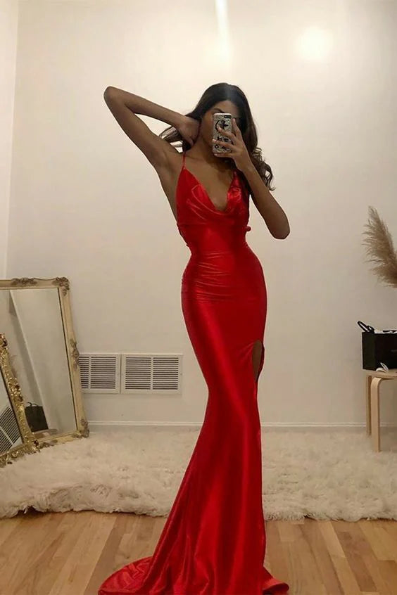 Mermaid Red Long Prom Dresses with Train Formal Dresses Mermaid Evening Dresses