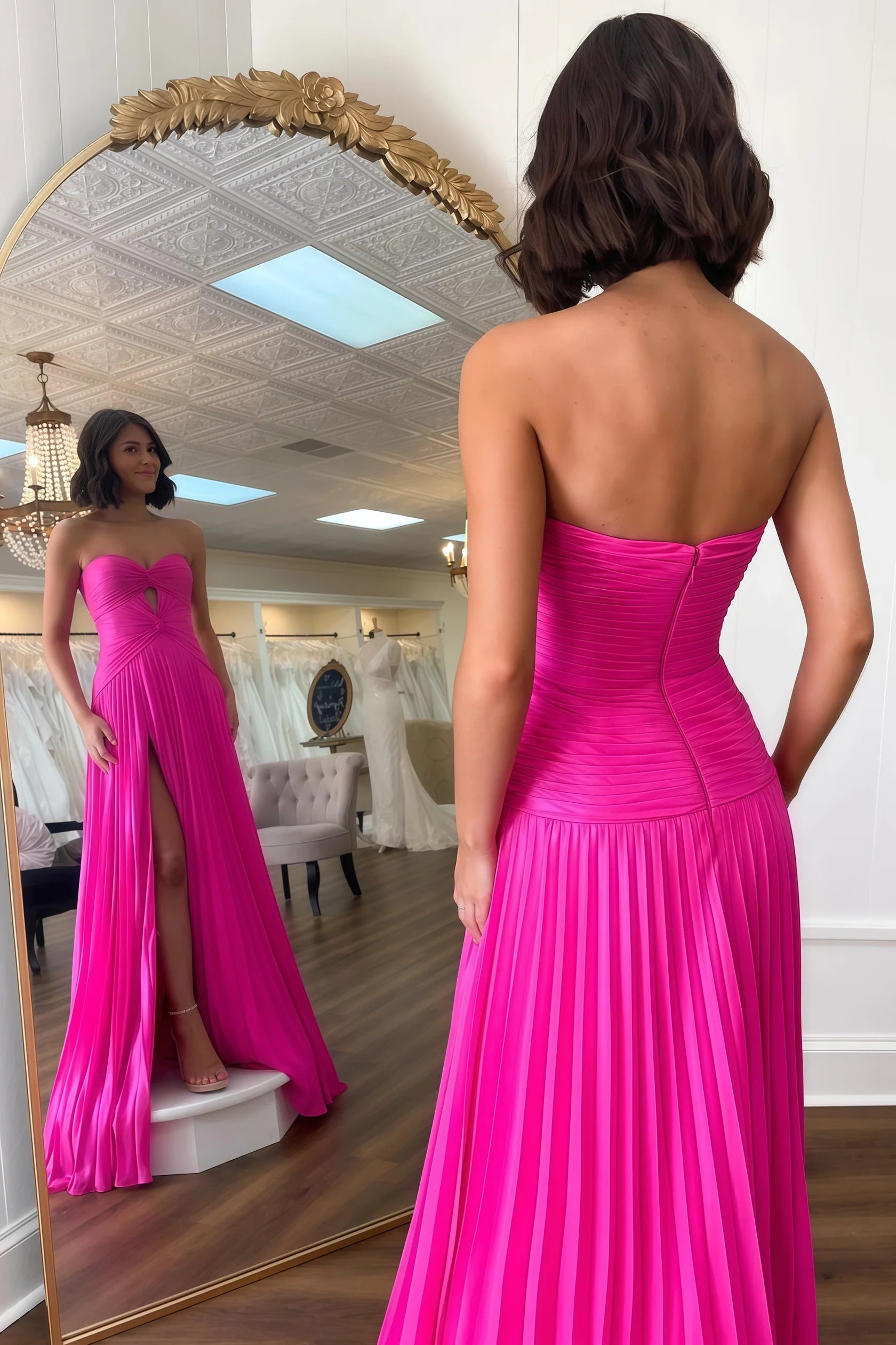 Sexy Mermaid Beautiful elegant and unique design Prom Dress Hot Pink Sweetheart Keyhole Chiffon Pleated Long Prom Dress
