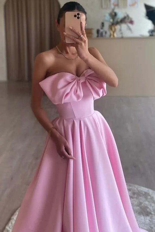 A-Line Strapless Bow Satin Pleated Long Formal Prom Dress