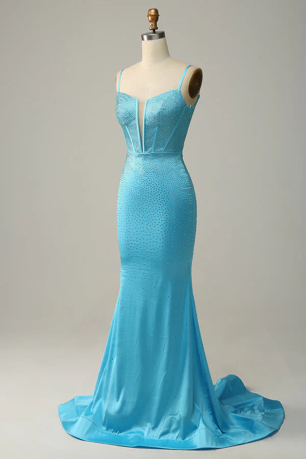Mermaid Spaghetti Straps Blue Beaded Prom Dress Simple gentle atmospheric and unique design