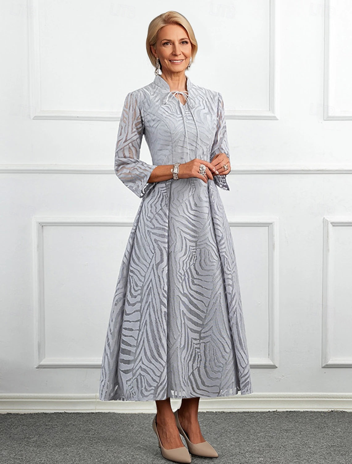 A-Line Mother of the Bride Dress Elegant V Neck Ankle Length Lace Length Sleeve with Bow(s)