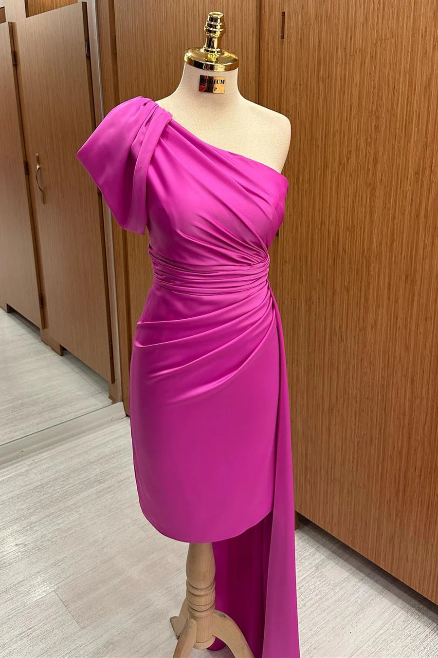 Fuchsia One-Shoulder Ruched Midi Dress with Attached Train Simple gentle grand and beautiful