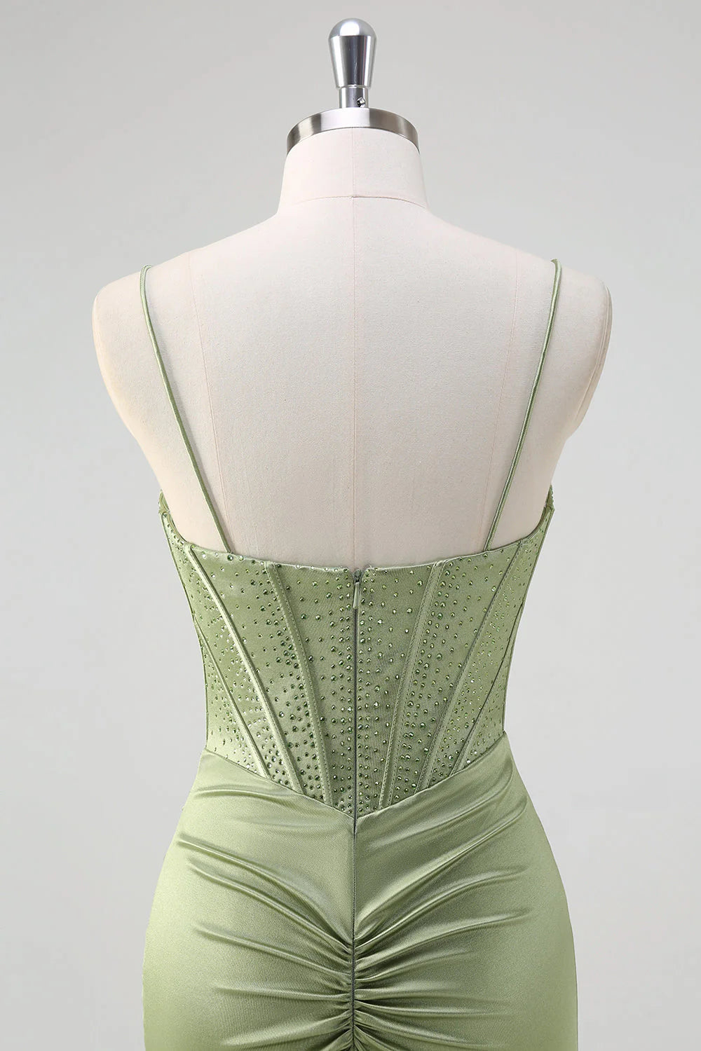 Mermaid Spaghetti Straps Ruched Corset Beaded Long Prom Dress With Slit