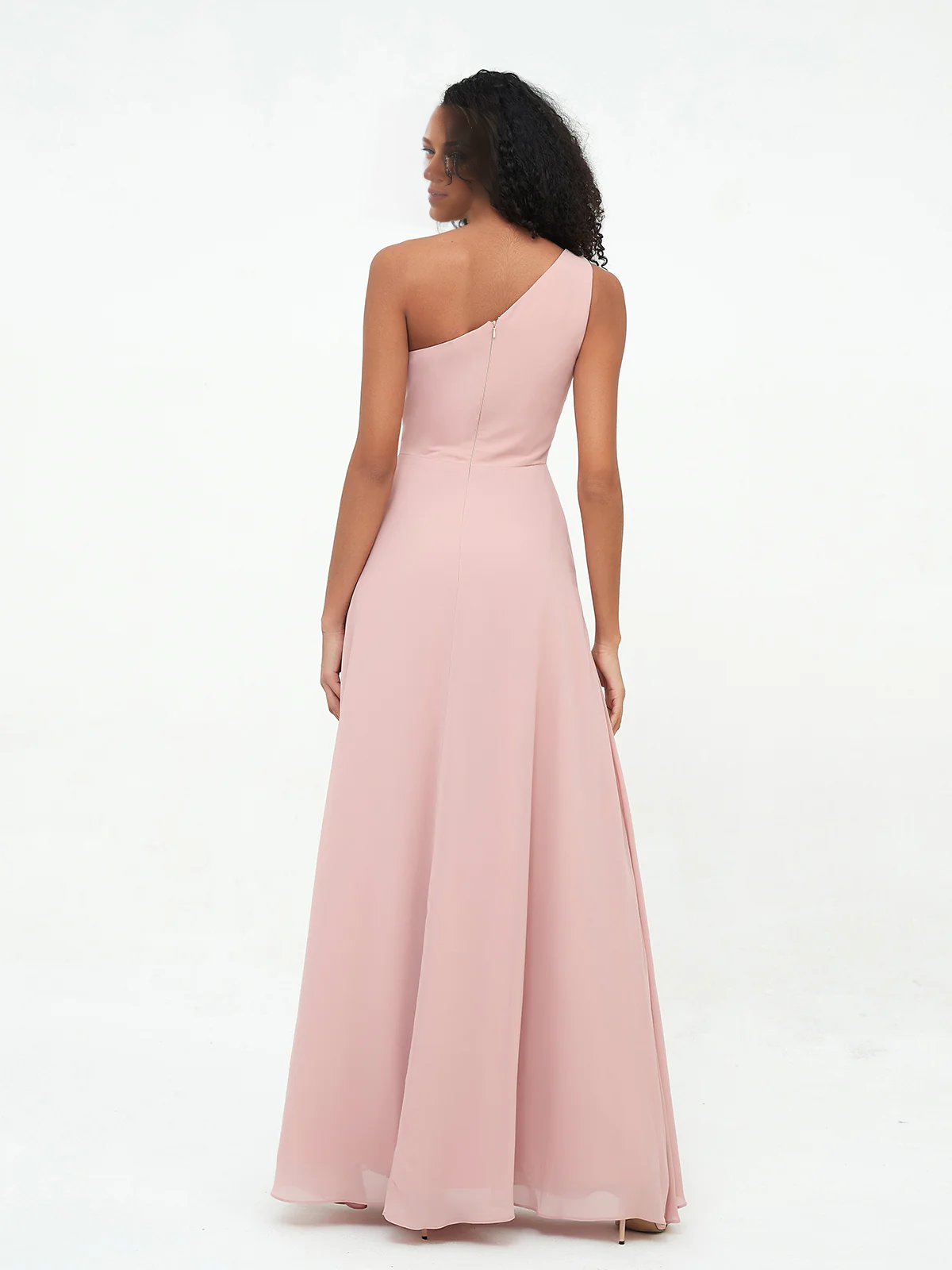 One-Shoulder Chiffon Max Dresses with Slit-Dusty Rose Simple gentle atmospheric and unique design