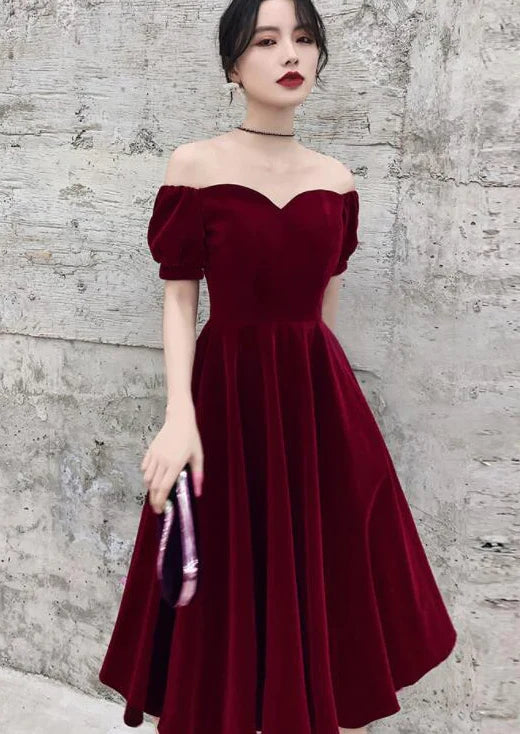 Wine Short Velvet Evening Dresses Off Shoulder Prom Dresses Bridesmaid Dress