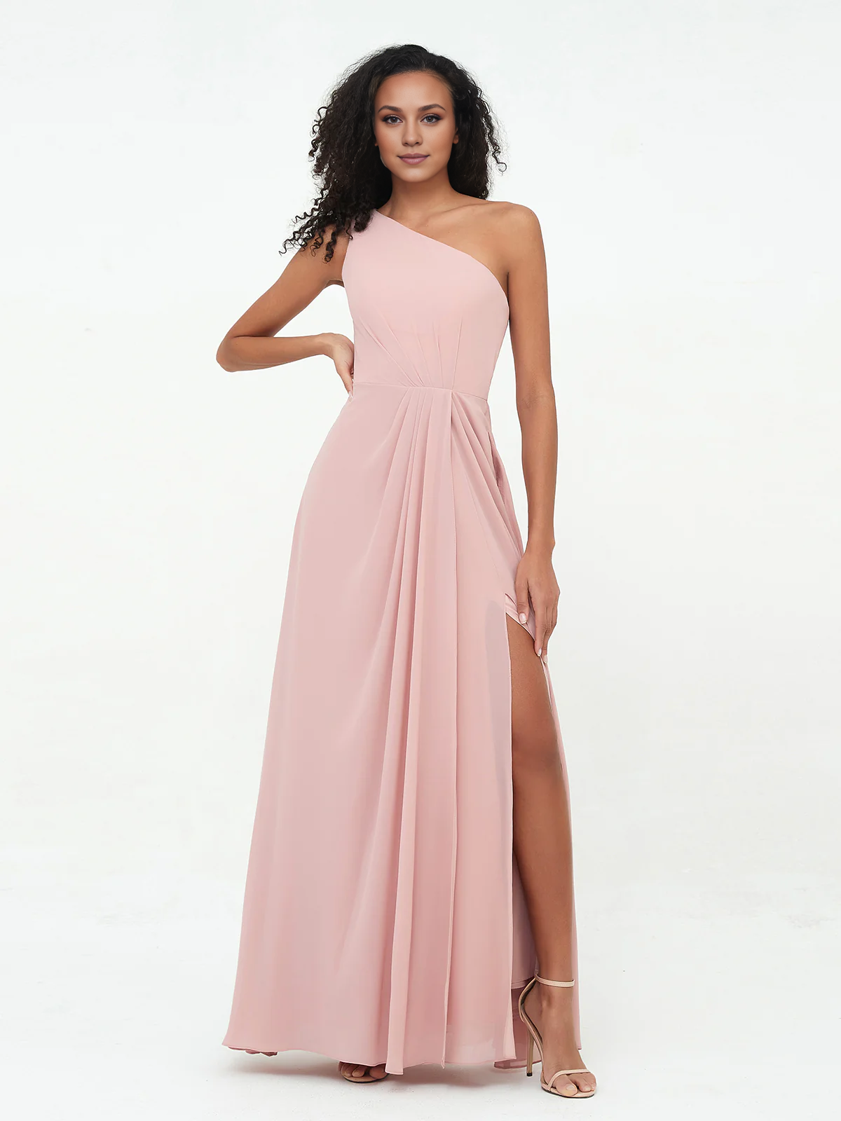 One-Shoulder Chiffon Max Dresses with Slit-Dusty Rose Simple gentle atmospheric and unique design