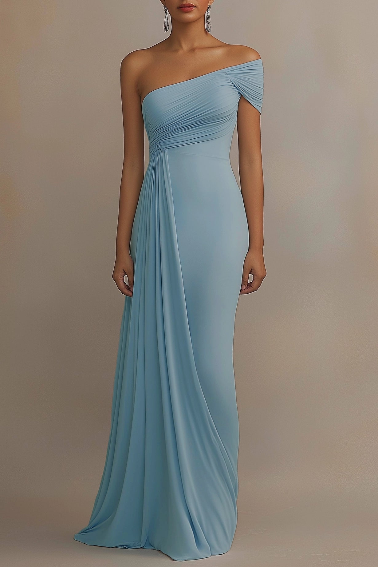 Formal Evening Dress Light Blue One Shoulder Ruched Floor Dress