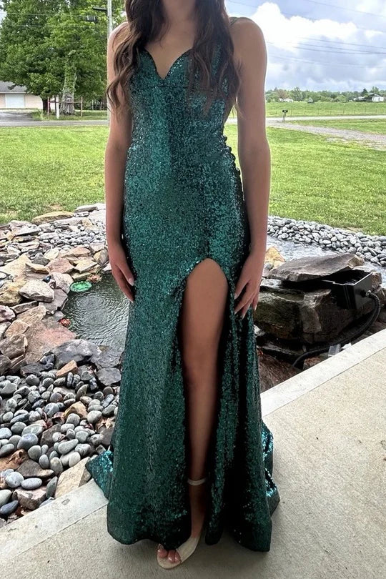 Sparkly V-Neck Sequined Backless Mermaid Long Prom Dress with Slit