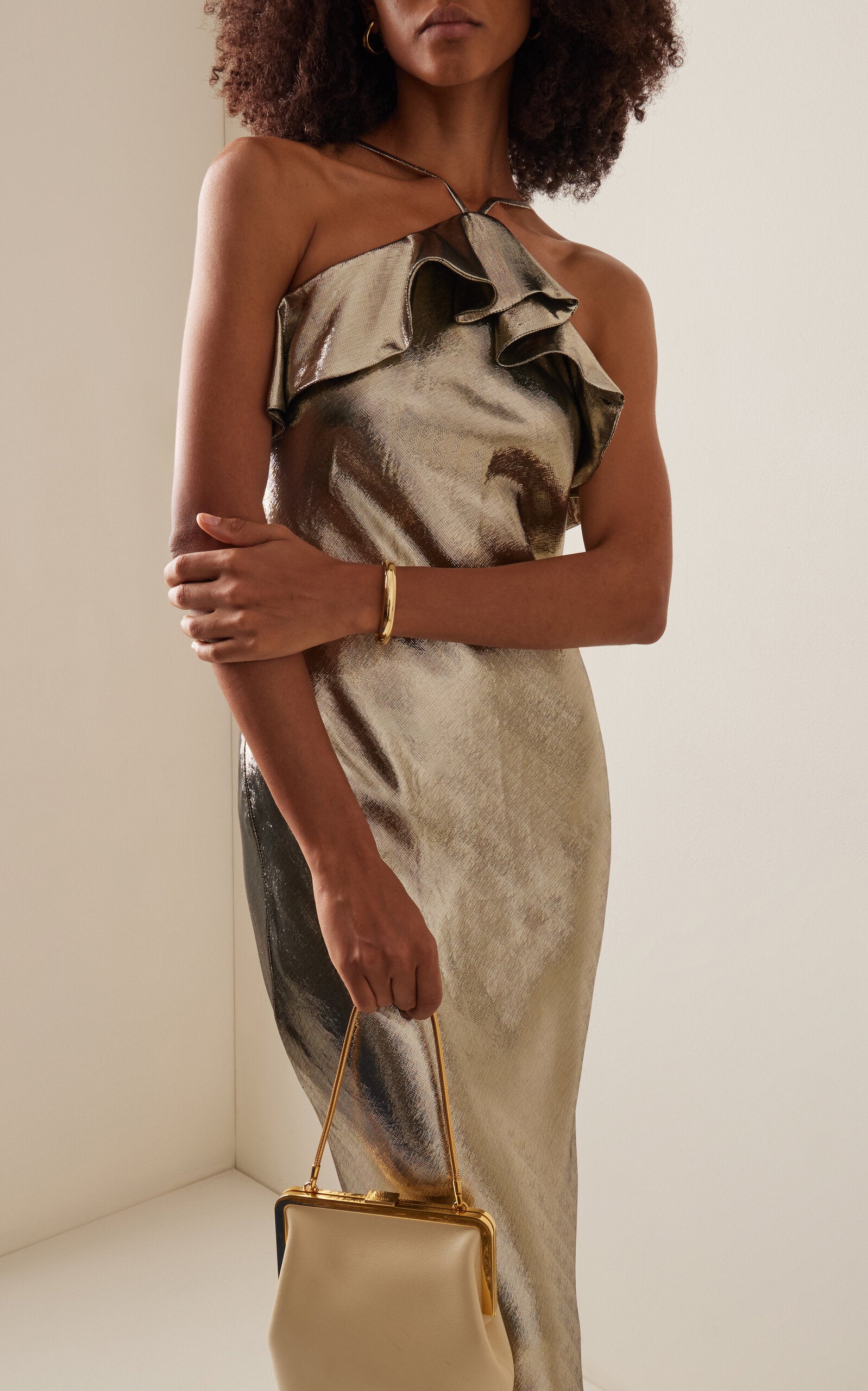 Party Dresses Ruffled Gold Lamé Halter Gown Gentle beautiful and grand