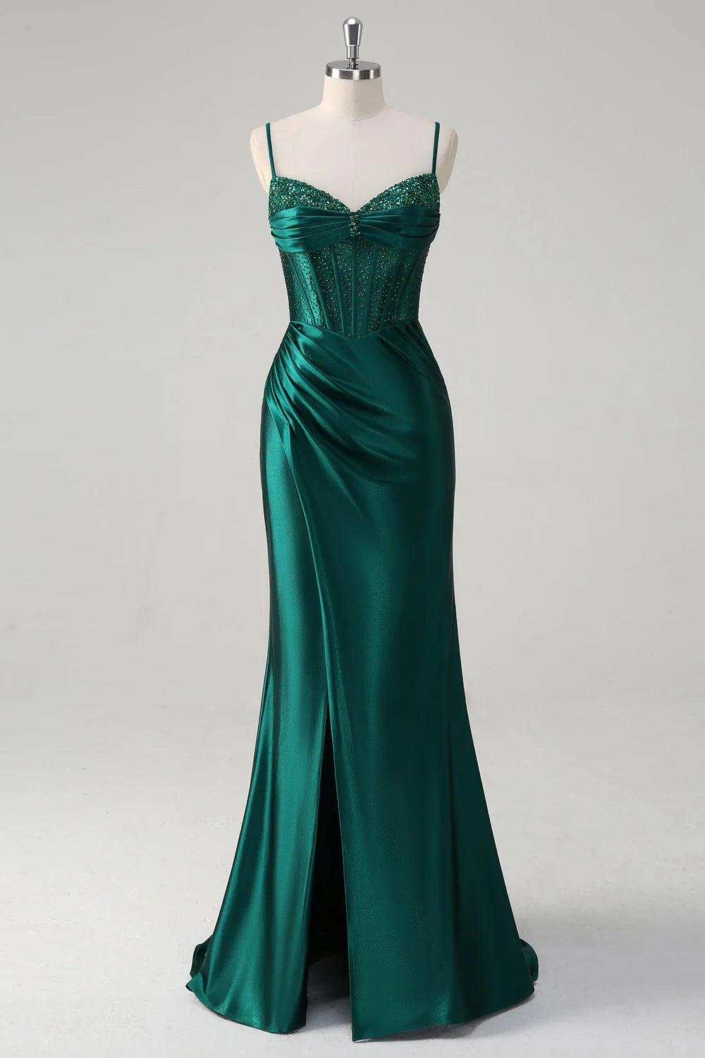 Sparkly Dark Green Mermaid Ruched Corset Beaded Long Prom Dress with Slit