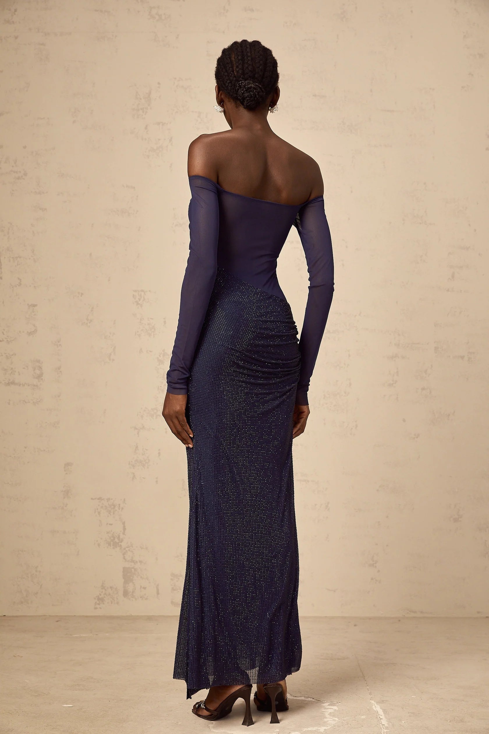 Navy Blue Off - Shoulder Mesh Maxi Dress with Sparkle Detail dark-blue embellished tulle-panel corset maxi dress Evening Dress