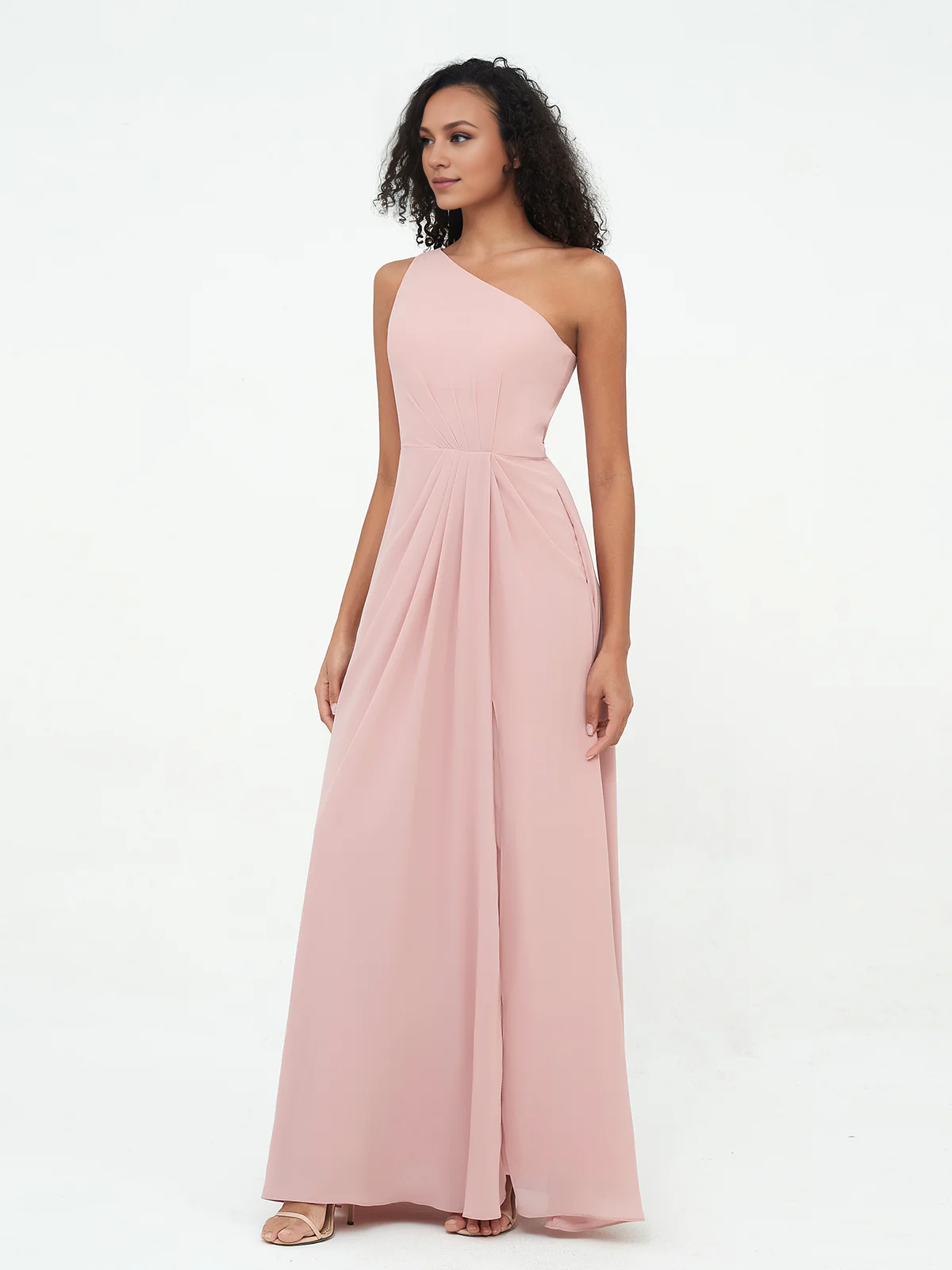 One-Shoulder Chiffon Max Dresses with Slit-Dusty Rose Simple gentle atmospheric and unique design