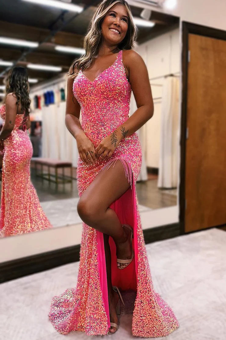 Charming Mermaid V Neck Blue Sequins Long Prom Dresses with Beading