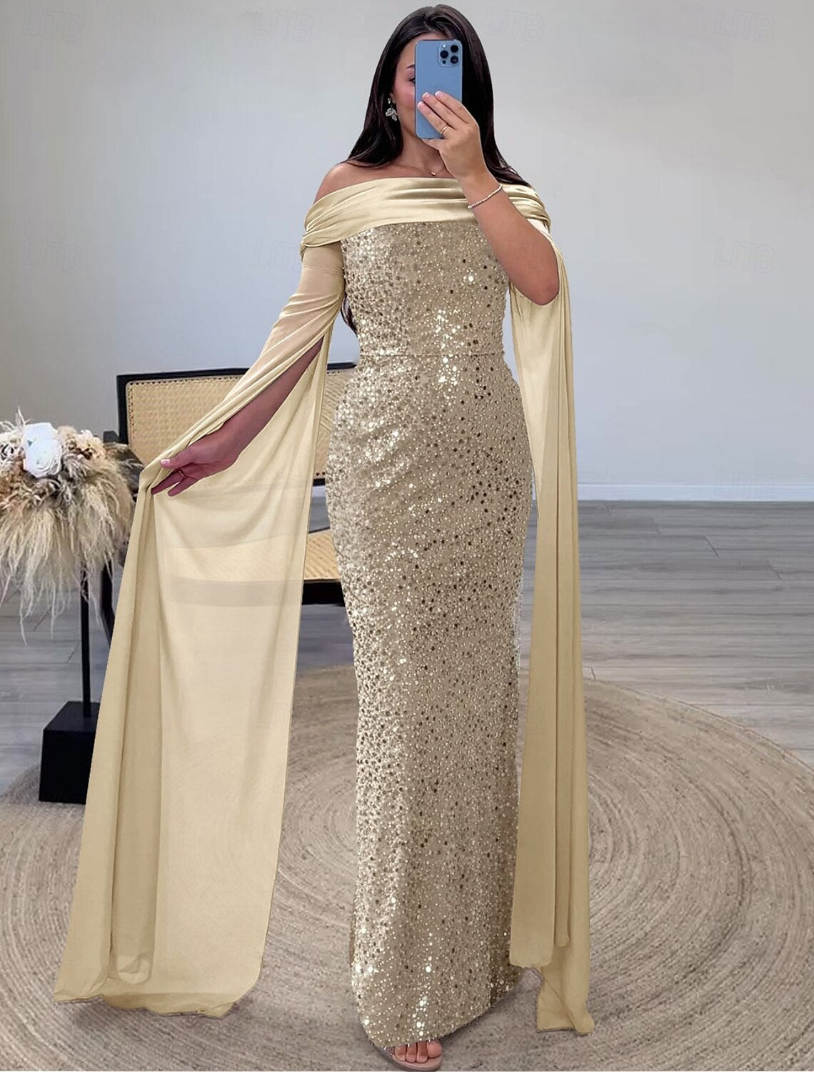 Sheath Evening Gown Sequin Elegant Dress Formal Floor Length Long Sleeve Off Shoulder Champagne Mother Of the Bride Dress with Glitter Shawl Masquerade Dress