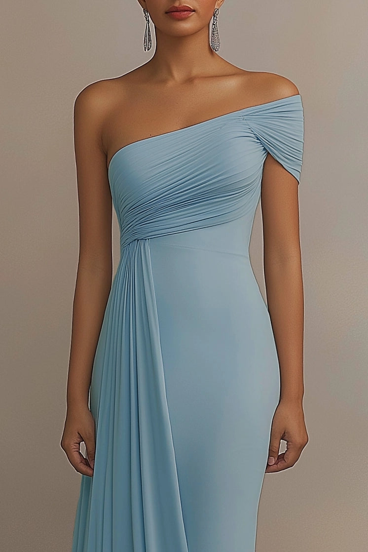 Formal Evening Dress Light Blue One Shoulder Ruched Floor Dress