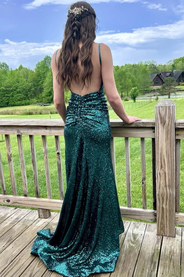 Sparkly V-Neck Sequined Backless Mermaid Long Prom Dress with Slit