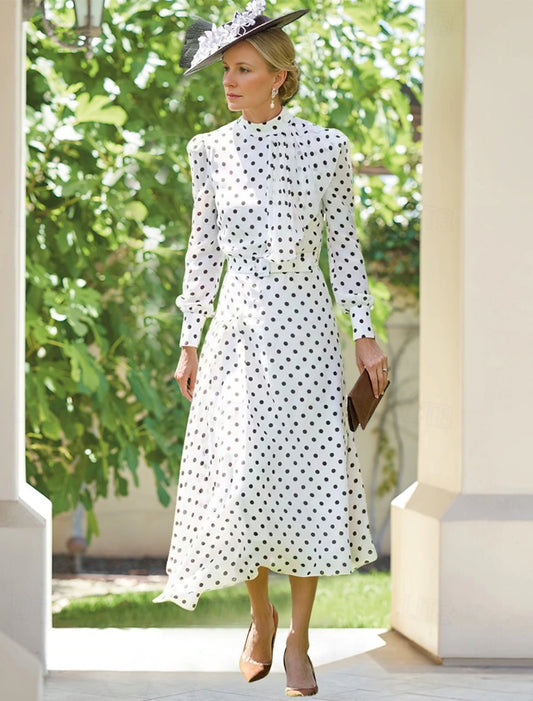 A-Line Dress Mother of the Bride Dress Polka Dots Elegant Vintage Party Mock Neck Floor Length Chiffon Cotton Blend Long Sleeve with Buttons Wedding Guest Dress