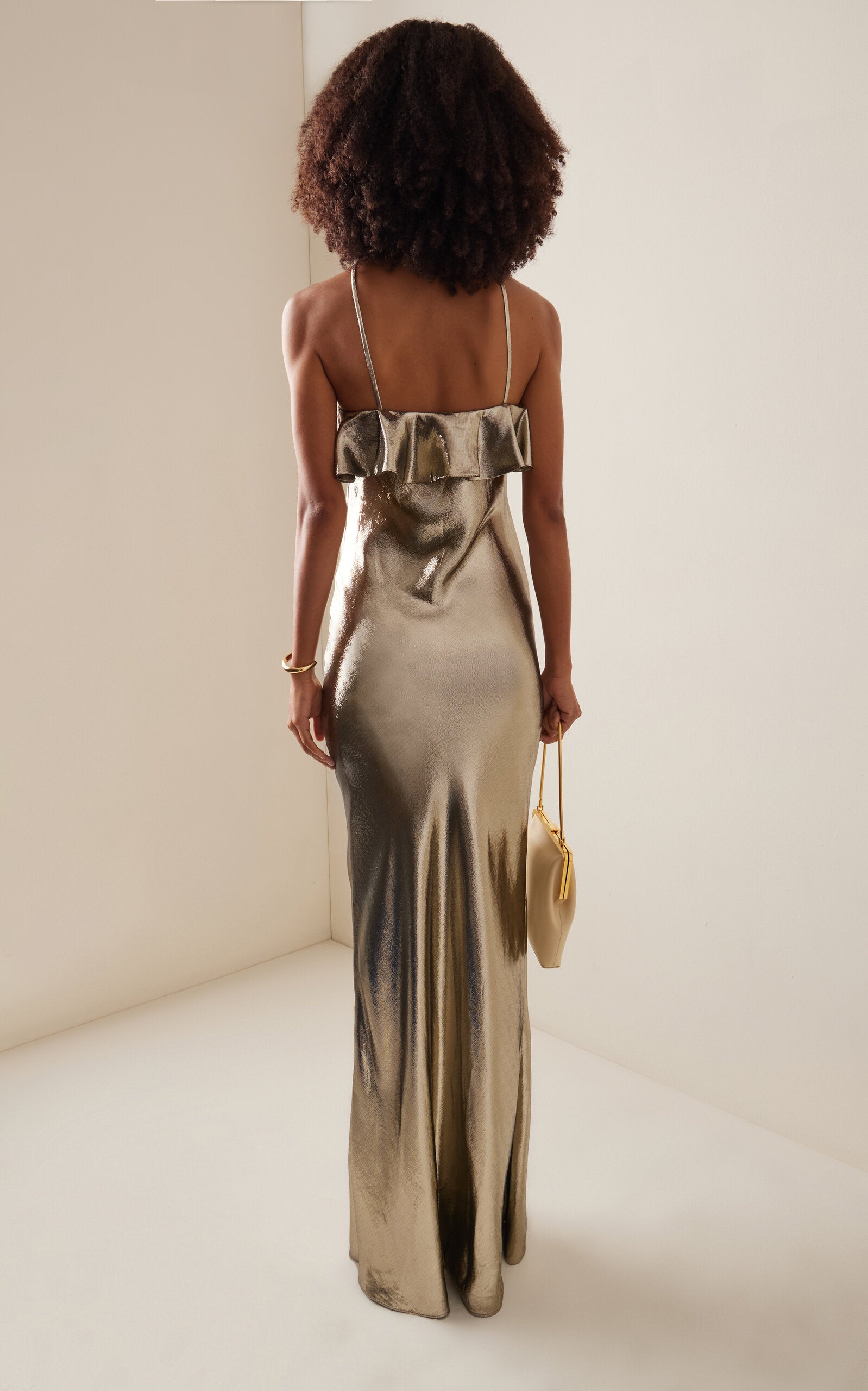 Party Dresses Ruffled Gold Lamé Halter Gown Gentle beautiful and grand