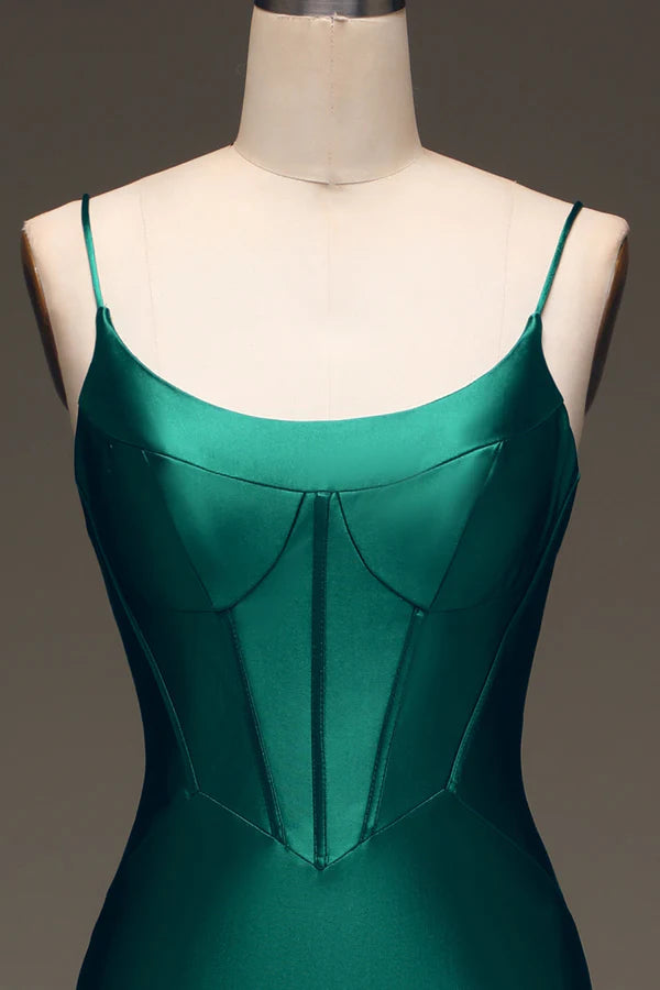 Satin Mermaid Lace-Up Back Dark Green Prom Dress with Corset Simple gentle atmospheric and unique desig