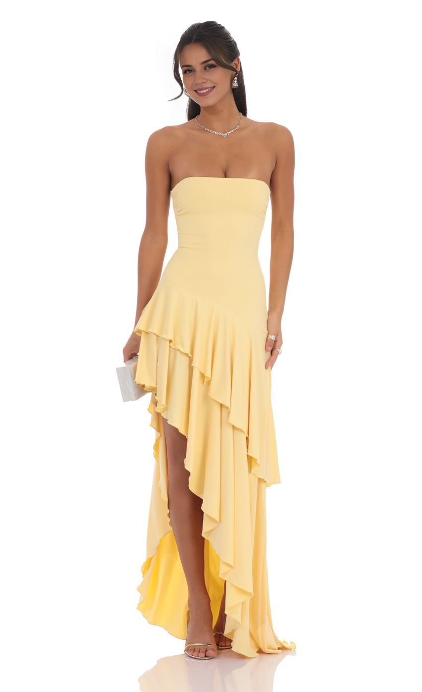 Strapless Ruffle Asymmetrical Maxi Dress in Yellow Simple gentle beautiful and unique design