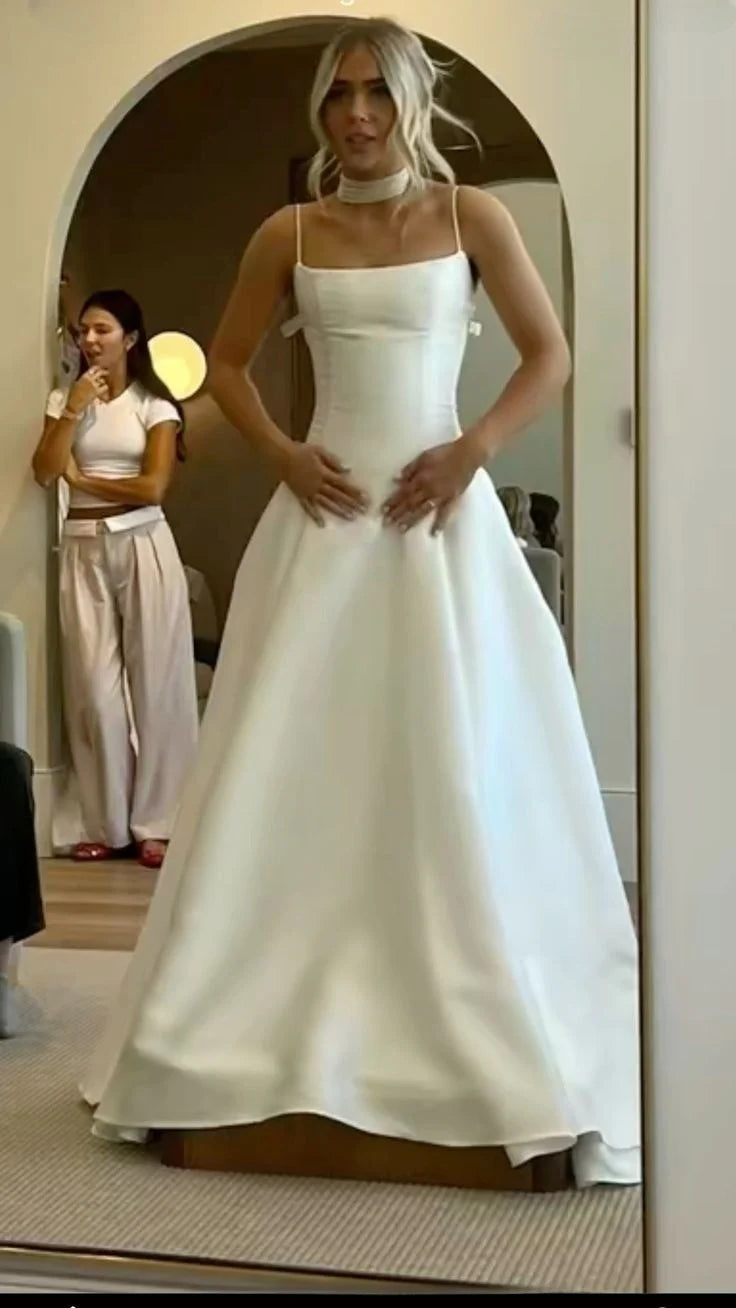 A Line White Satin Elegant Wedding Dress Long Bridal Gown