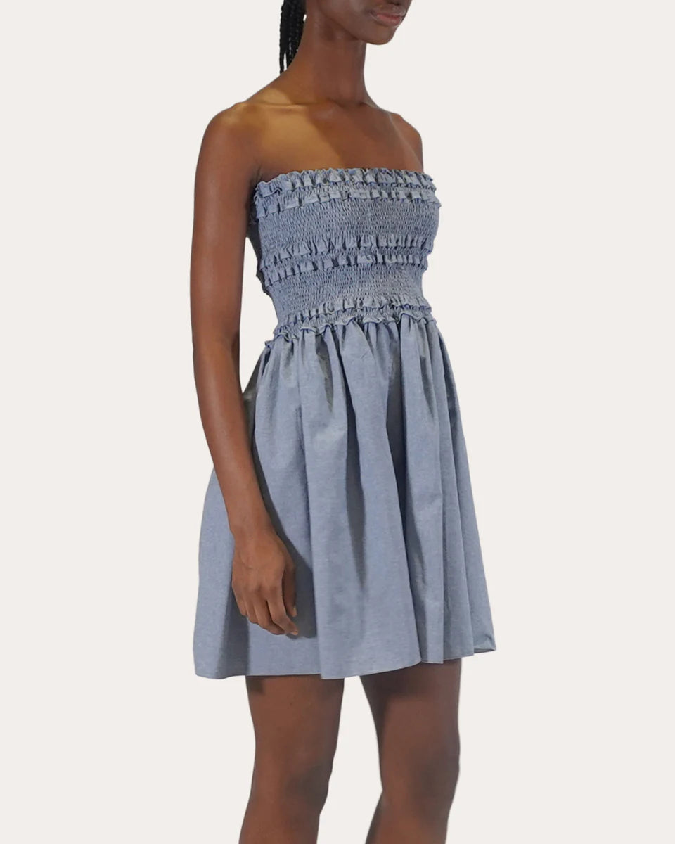 Anya Smocked Chambray Mini Dress simple gentle atmospheric and unique desi Bring summer colors to enhance whiteness