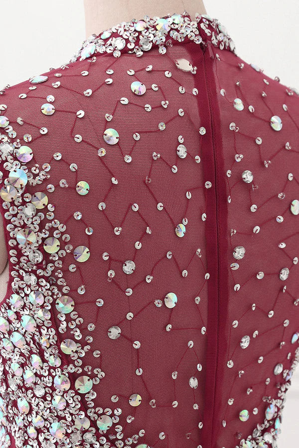 Luxury High-Neck Burgundy Mermaid Prom Dresses Sleeveless with White Rhinestones Simple gentle atmospheric and unique design