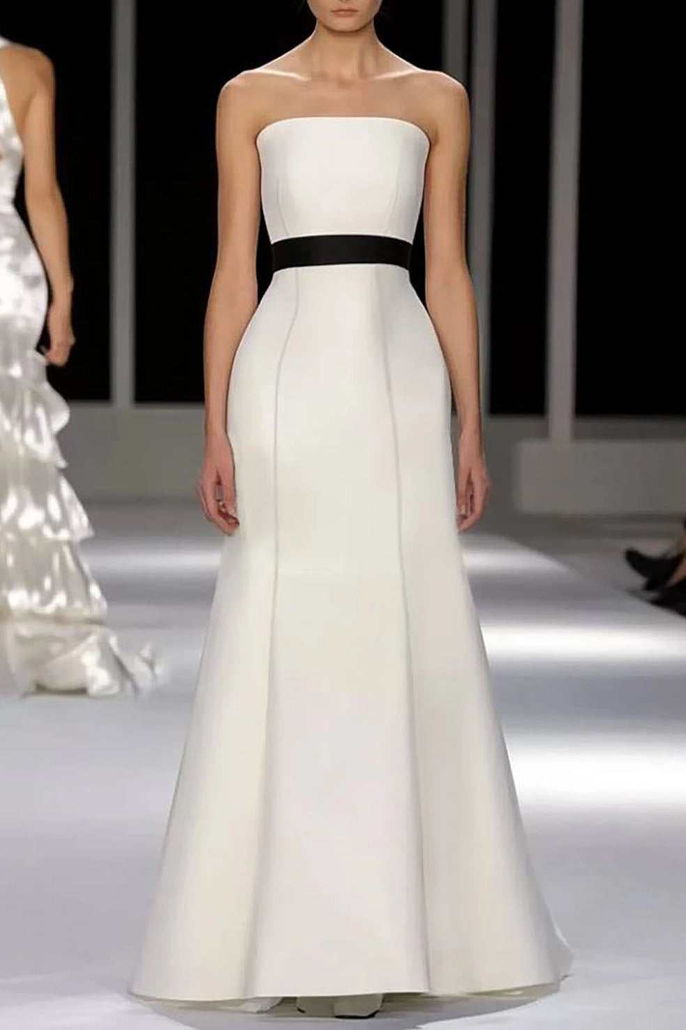 Formal Evening Dress White Strapless Black Waistband Floor-Length Gown