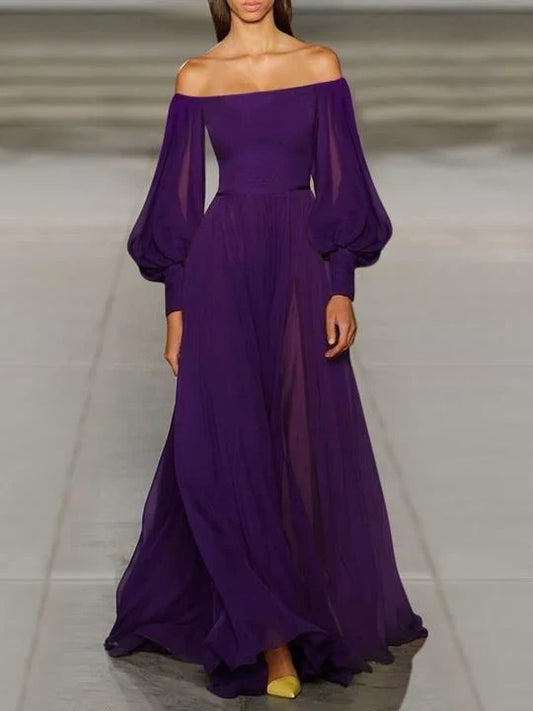 Elegant Sexy Strapless Tube Top Solid Color Lantern Sleeve Chiffon Dress