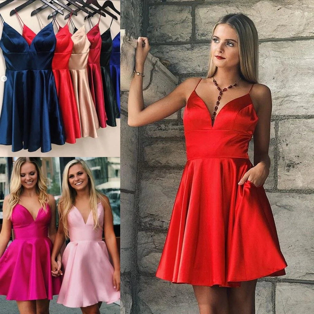 Spaghetti Straps A-Line Satin Homecoming Dress Mini Celebrity Dresses