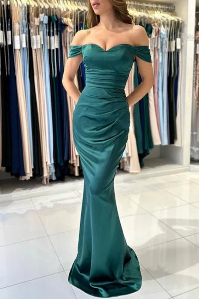 Beautiful Elegant Long Dark Green Off-shoulder Mermaid Sleeveless Evening Gowns Simple gentle atmospheric and unique design