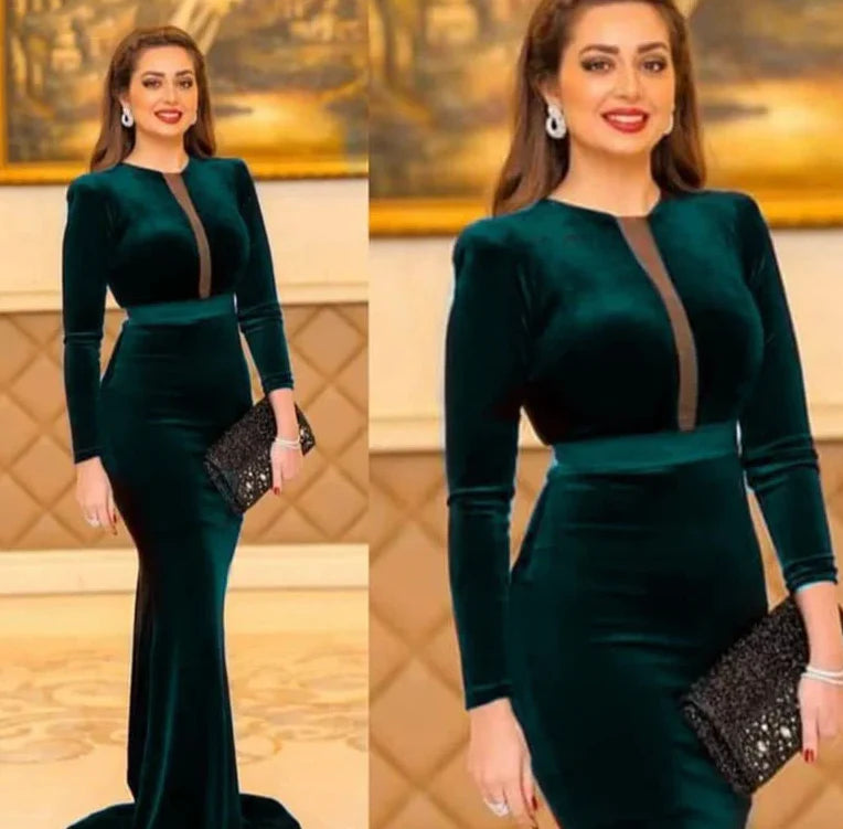 SIMPLE LONG SLEEVES VELVET EVENING DRESS