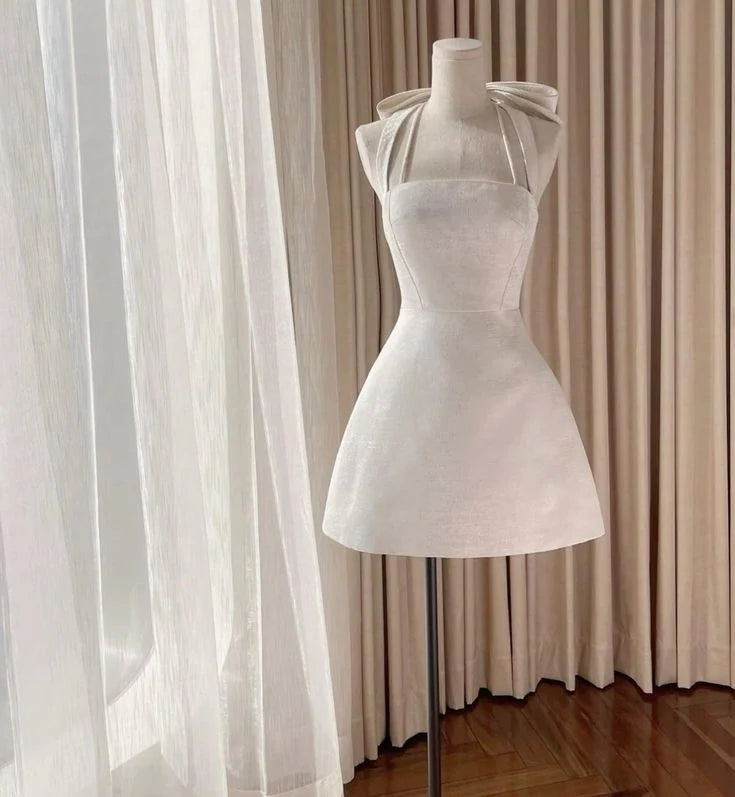 Square Neck Halter Sleeveless Satin A-Line Mini Homecoming Dress With Bow