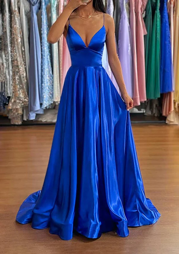 A-Line V-Neck Charmeuse Prom Dress/Evening Dress with Split and Sweep Train Simple gentle atmospheric and unique design