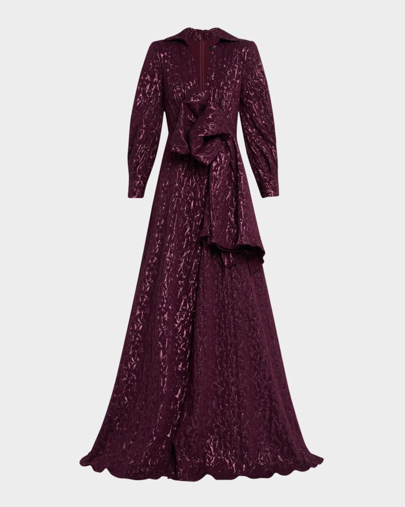 Deep V-Neck Metallic Jacquard Bow Gown Charming and unique design Beautiful generous simple