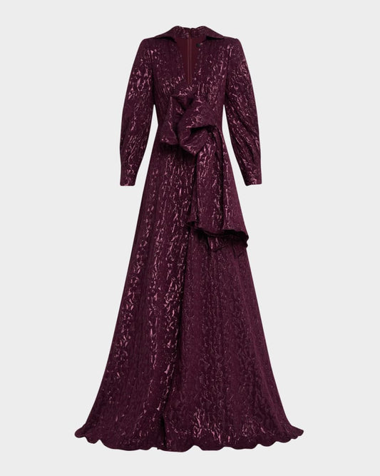 Deep V-Neck Metallic Jacquard Bow Gown Charming and unique design Beautiful generous simple