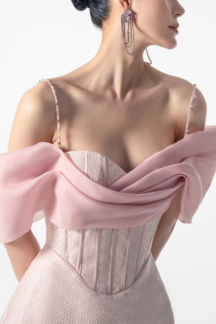 Off- Off-Shoulder Sleeveless Beaded Ruched Satin A-Line Mini Homecoming Dress