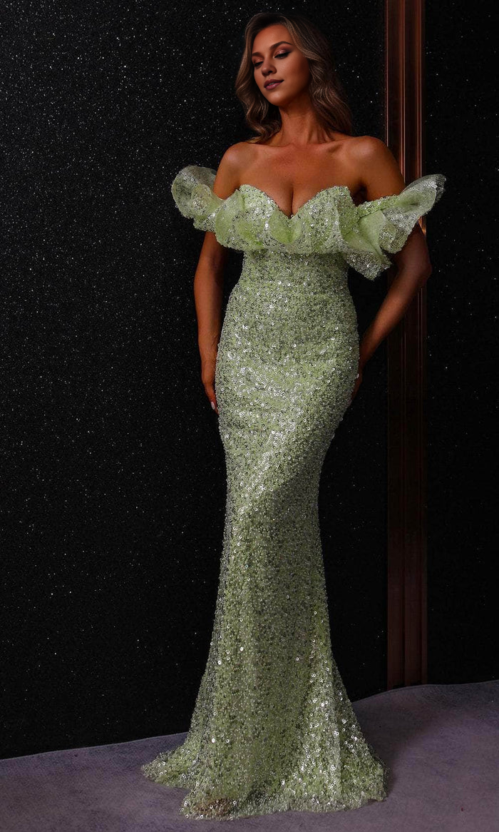 Allover Sequin Ruffled Neckline Evening Gown Simple gentle atmospheric and unique design