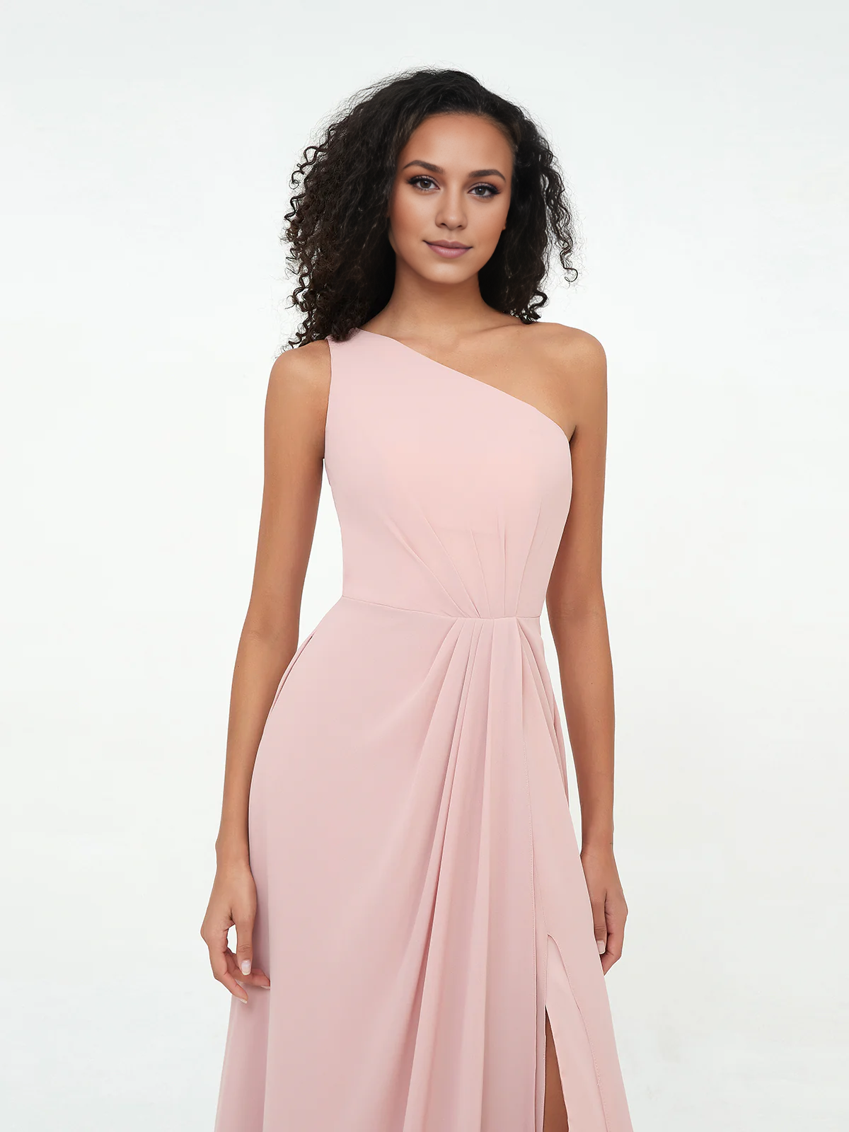 One-Shoulder Chiffon Max Dresses with Slit-Dusty Rose Simple gentle atmospheric and unique design