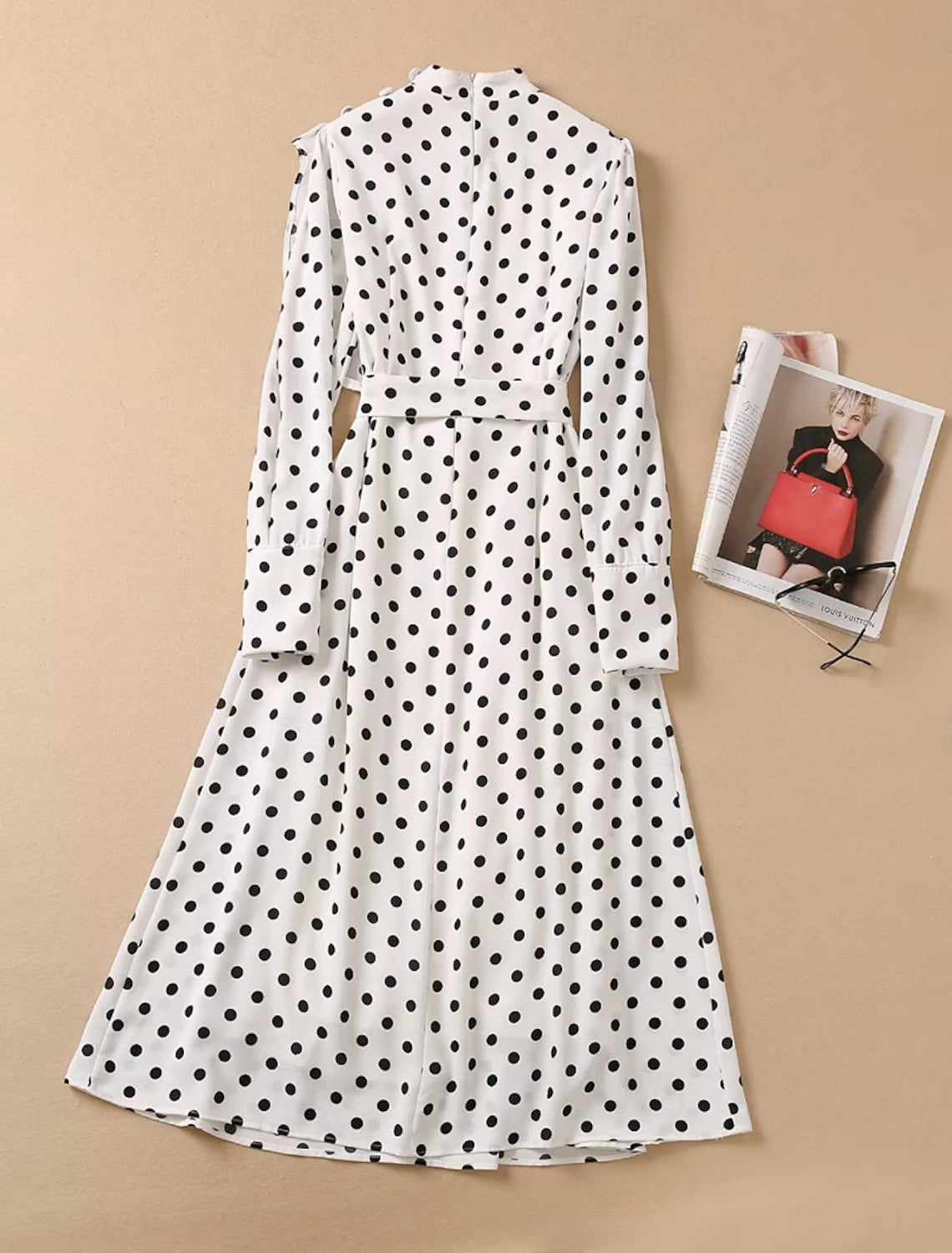 A-Line Dress Mother of the Bride Dress Polka Dots Elegant Vintage Party Mock Neck Floor Length Chiffon Cotton Blend Long Sleeve with Buttons Wedding Guest Dress