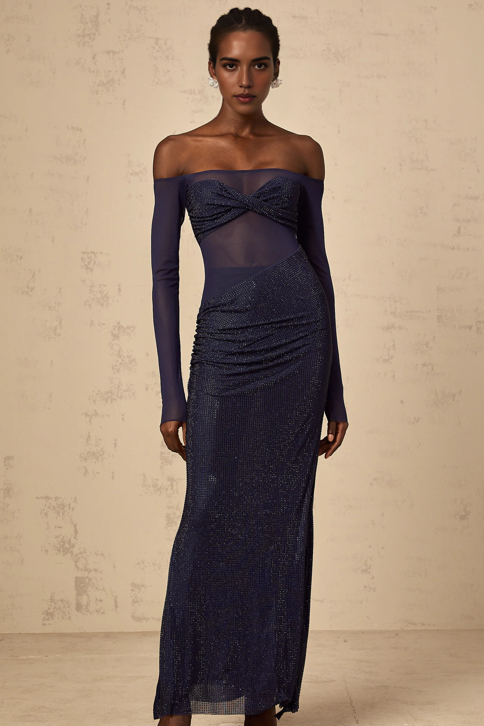Navy Blue Off - Shoulder Mesh Maxi Dress with Sparkle Detail dark-blue embellished tulle-panel corset maxi dress Evening Dress