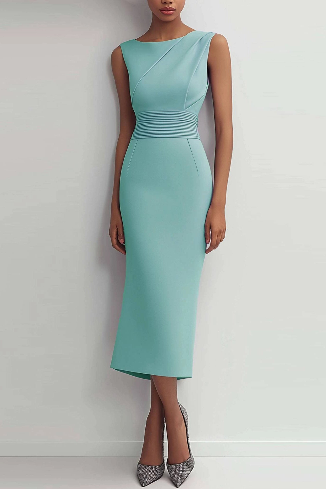 Simple beautiful generous and full of charm Prom Dress Wedding Guest Semi-Formal Dress Teal Waist Ruched Sleeveless Midi Dress