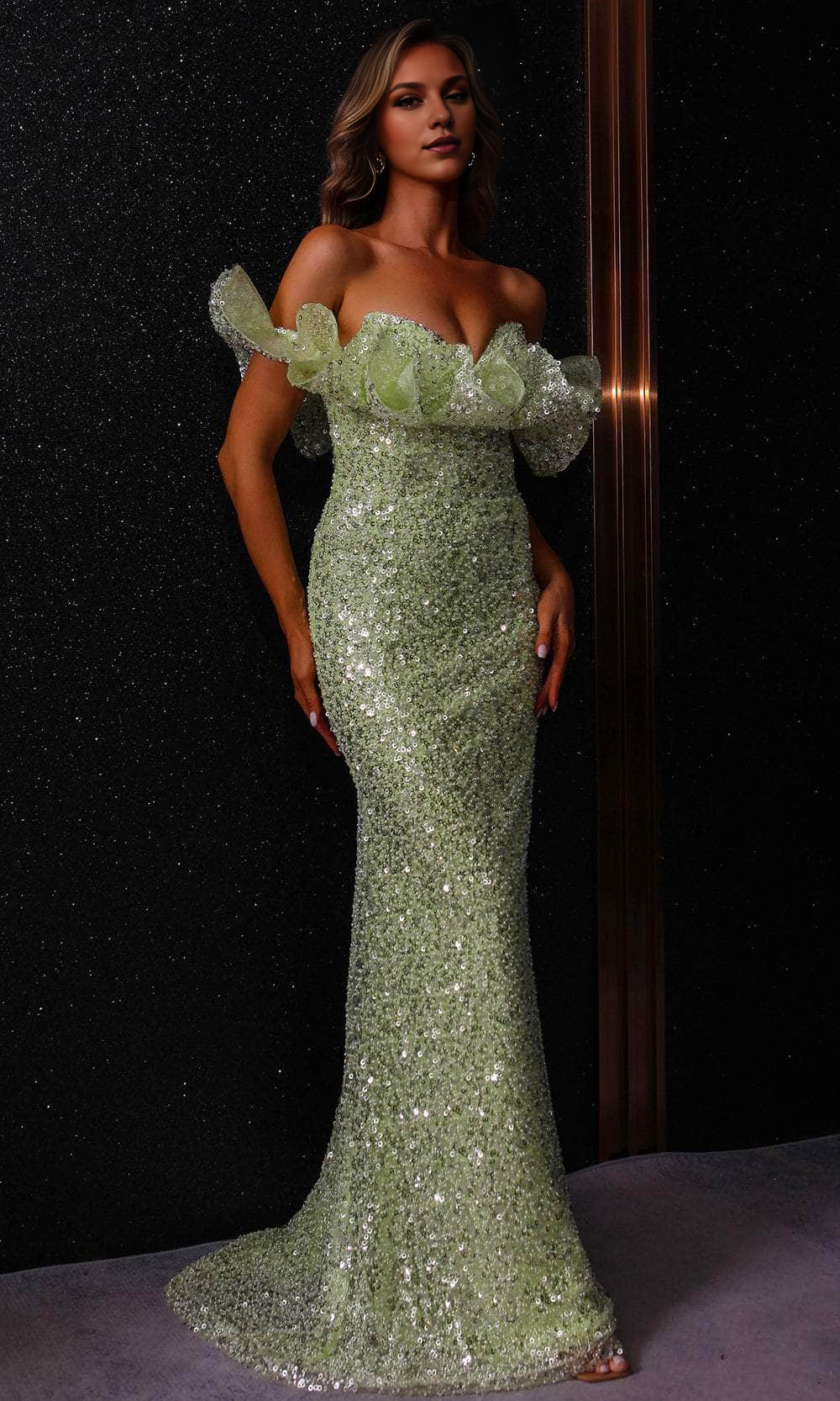 Allover Sequin Ruffled Neckline Evening Gown Simple gentle atmospheric and unique design