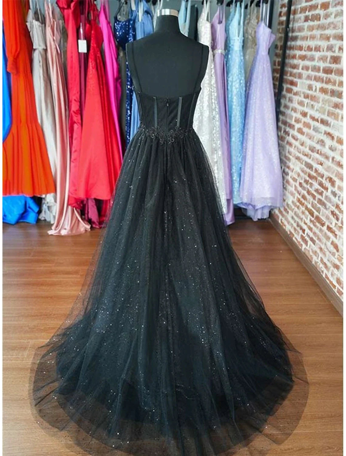 A-Line Prom Dresses Glitter Black Dress Plus Size Wedding Dresses Formal Gothic Dress Floor Length Sleeveless Sweetheart Spaghetti Tulle with Slit Simple atmospheric beautiful and unique desi