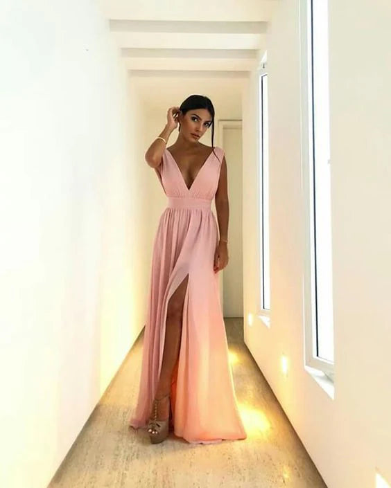 Pink Long Prom Evening Dresses Sexy Prom Dress