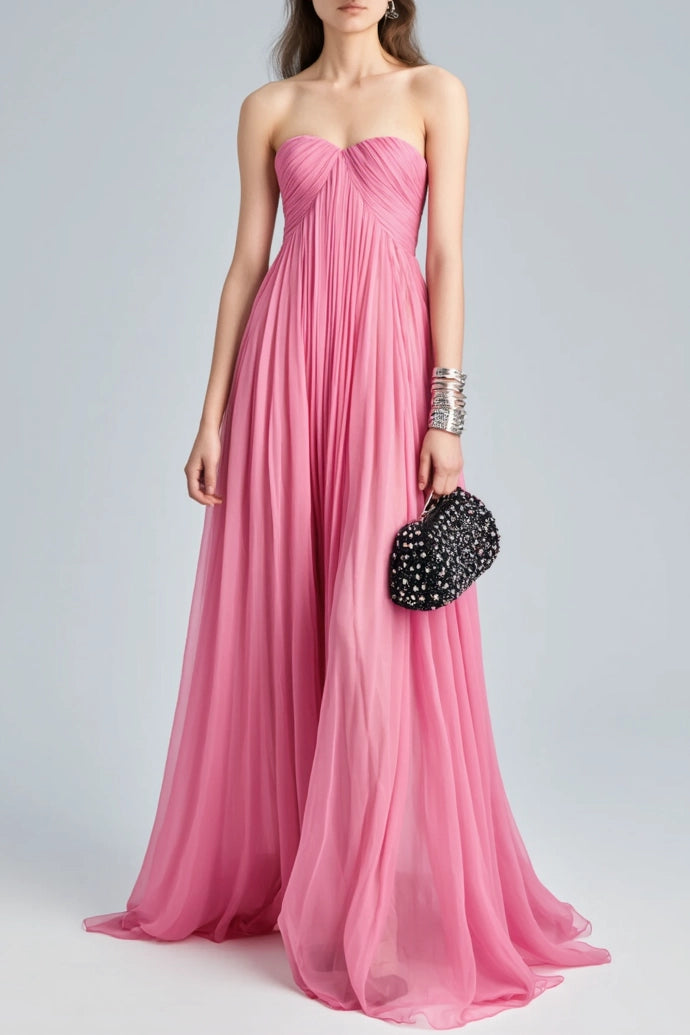 Holiday Evening Dress Pink Strapless Ruched Floor Chiffon Dress