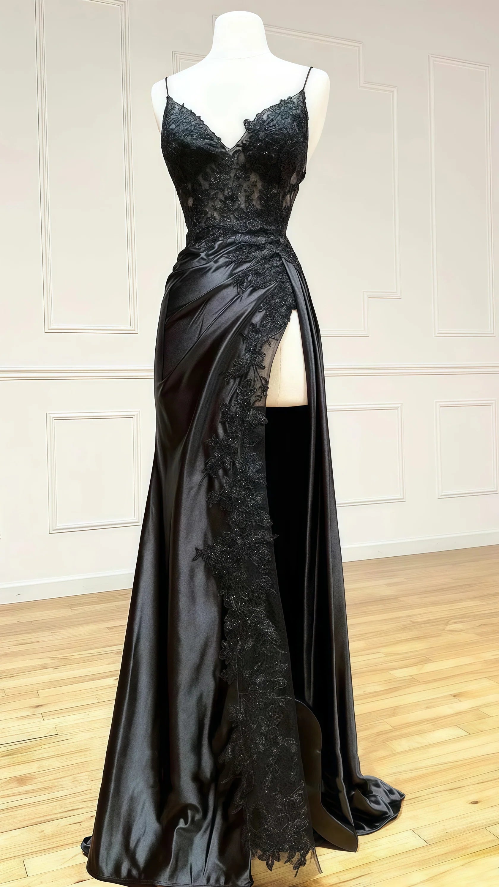 Sexy Mermaid Beautiful elegant and unique design Prom Dress Black Applique Satin Lace Prom Dress With Lace Up Back