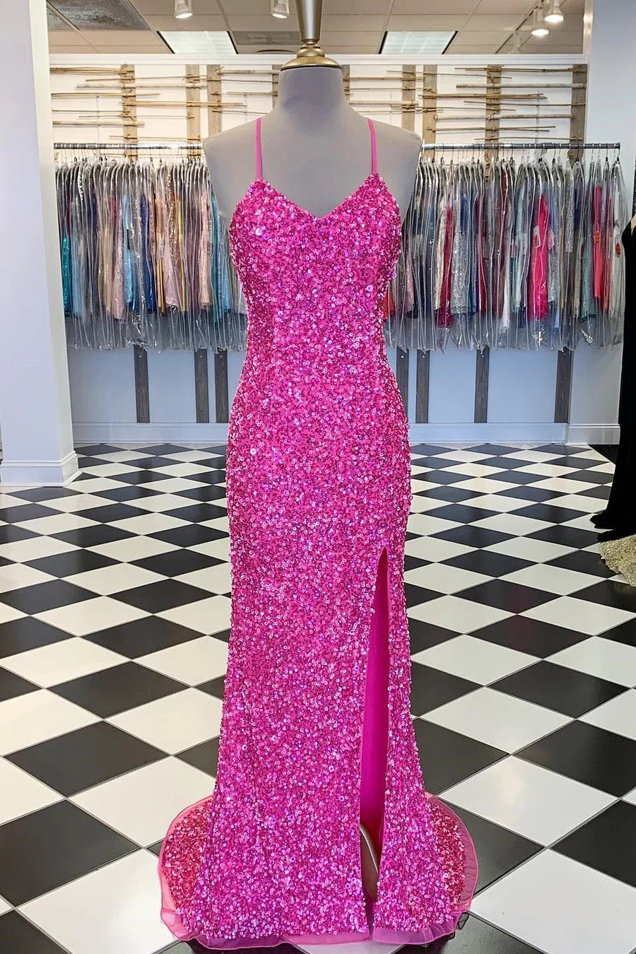 Spaghetti Strap Sequin Mermaid Long Formal Dress