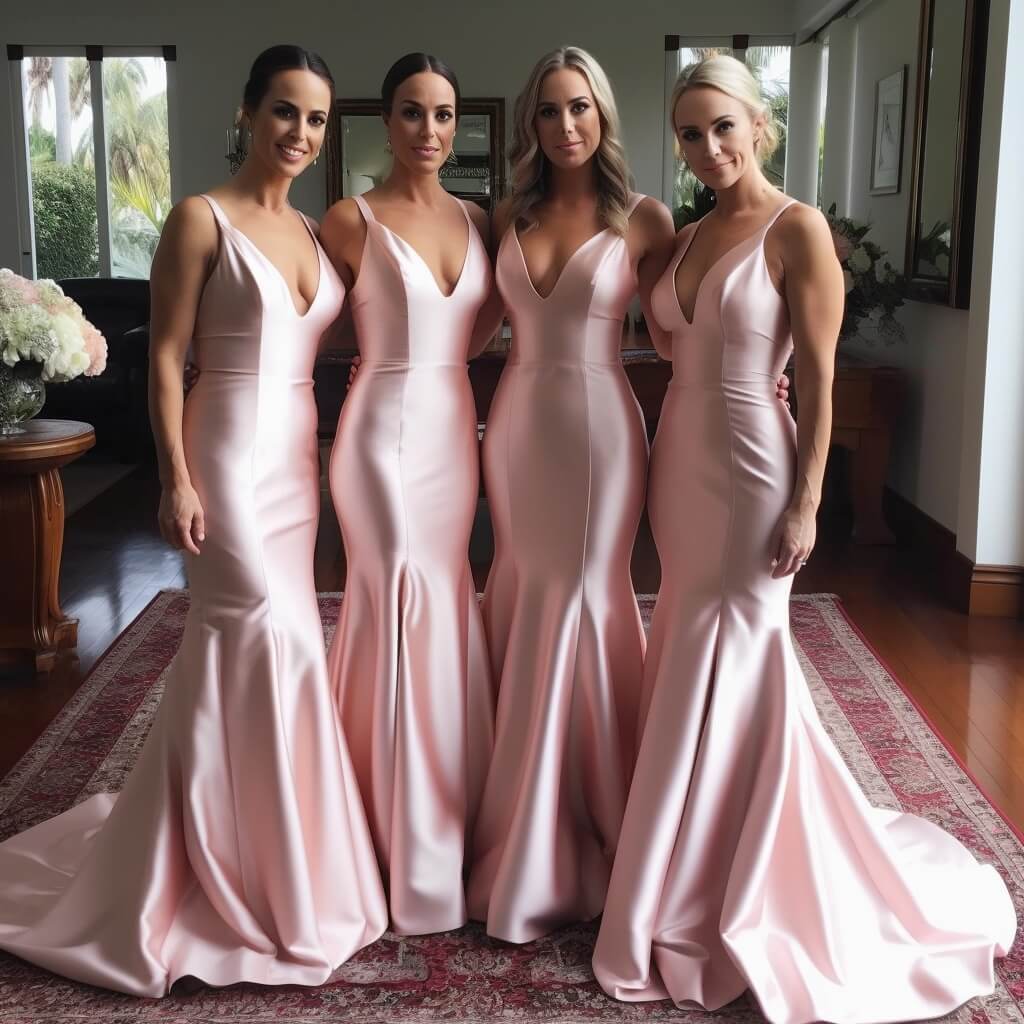 Pink V-neck Mermaid Satin Bridesmaid Dresses Simple atmospheric beautiful and unique design